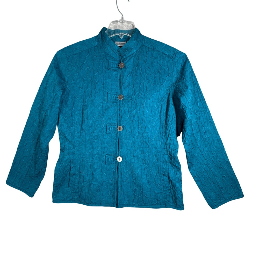 Chico's Teal Textured Asian-Style Jacket with Pockets